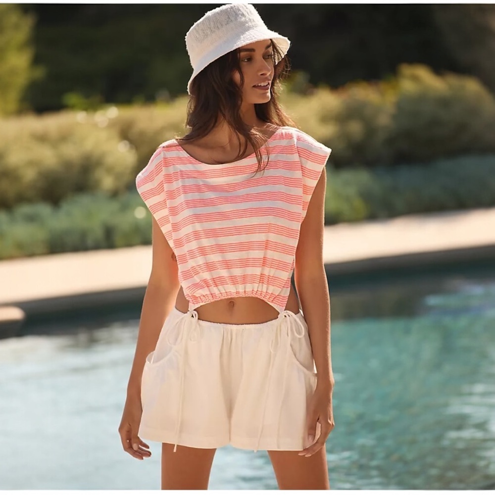 ANTHROPOLOGIE Cutout Neon Coral Striped Romper Size XL NEW  Beach Summercore